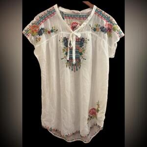 Johnny Was White/Cream Floral Embroidered Peasant Blouse Sz M EUC